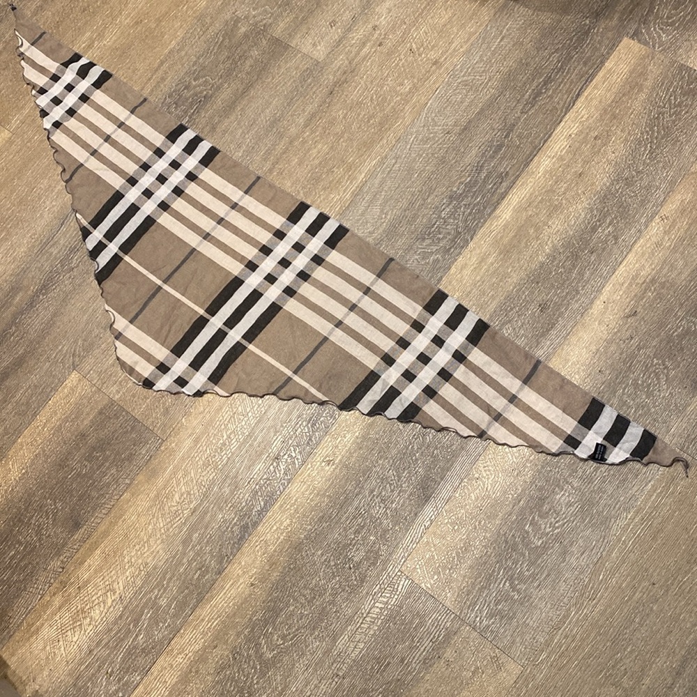 Two Semi-Sheer Designer Inspired Plaid Pattern Triangle Scarves in Tan and Blue - Picture 4 of 5